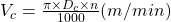 V_c=\frac{\pi\times D_c \times n }{1000} (m/min)